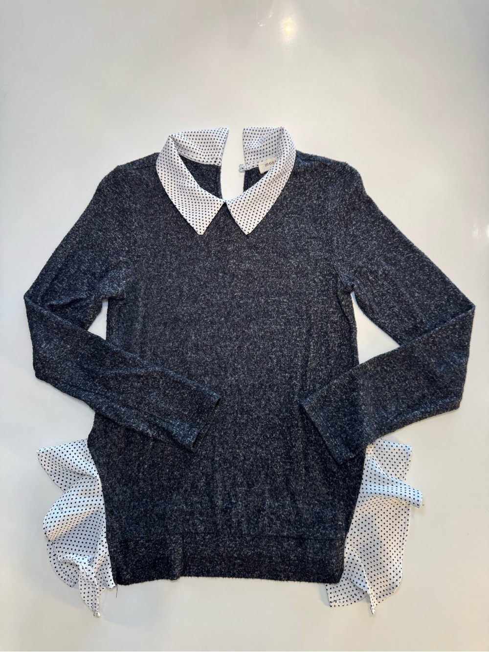 Monteau Black Marled Sweater with Polka Dot Collar and Hem Panels